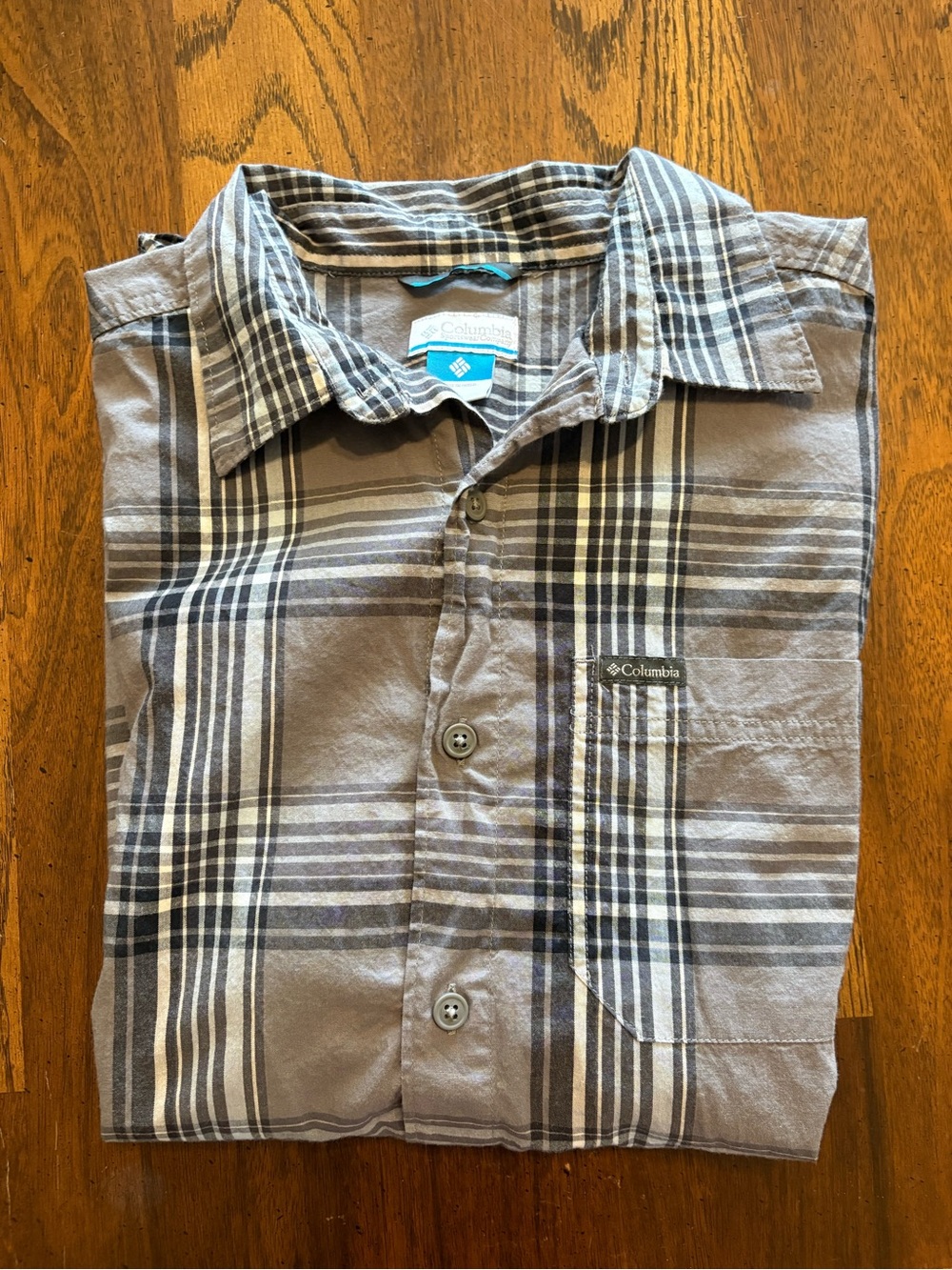 Columbia Men's Gray and Black Plaid Casual Button-Down Shirt